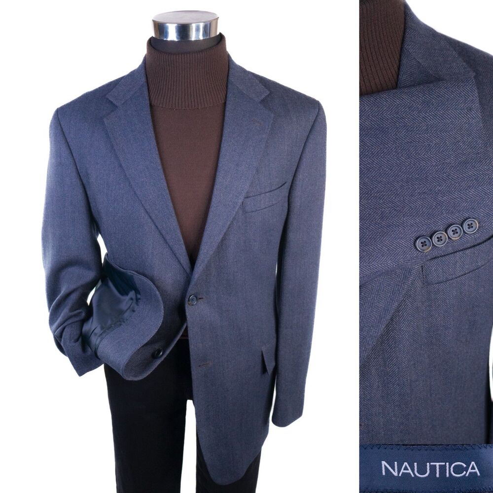 NAUTICA Blazer Sport Coat Sz 44R Blue Herringbone Lambswool 2-Button Jacket